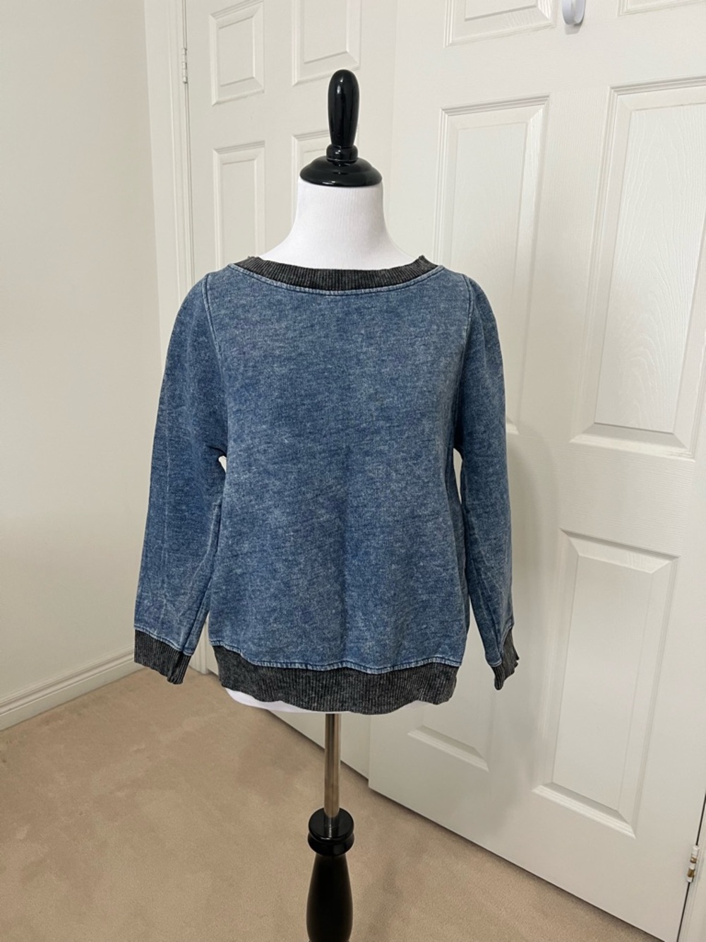 Zara Washed Blue Pullover Sweater with Dark Contrast Trim